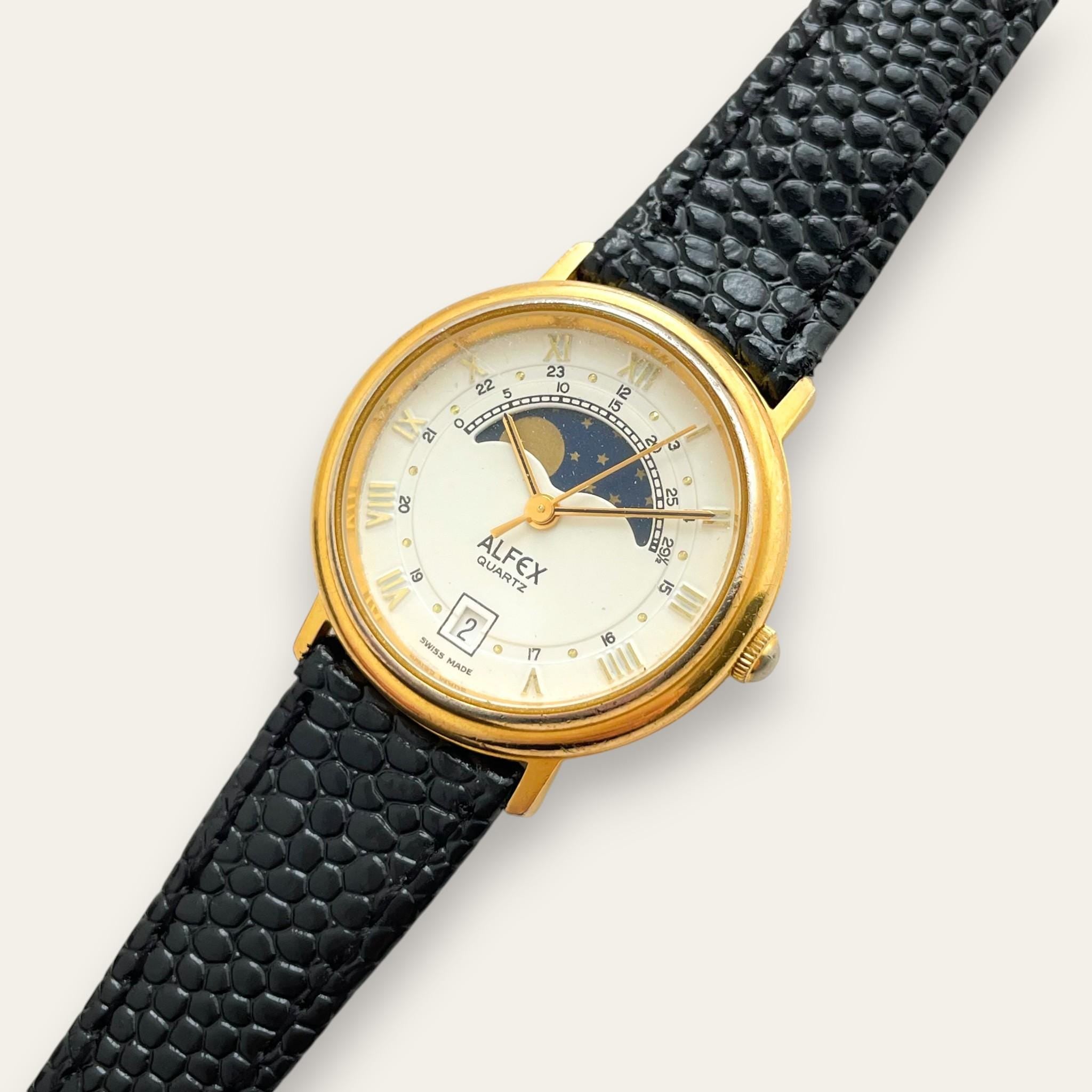 Vintage Alfex Swiss Moon Phase Quartz Watch, Roman Numerals, Cream