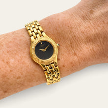 Load image into Gallery viewer, Vintage Seiko Quartz Ladies Gold Watch Black Dial Roman Numeral Bezel