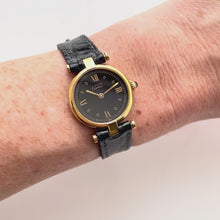 Load and play video in Gallery viewer, Vintage 1980s Cartier Must Vendome Watch: Gold-Plated Silver, Black Dial