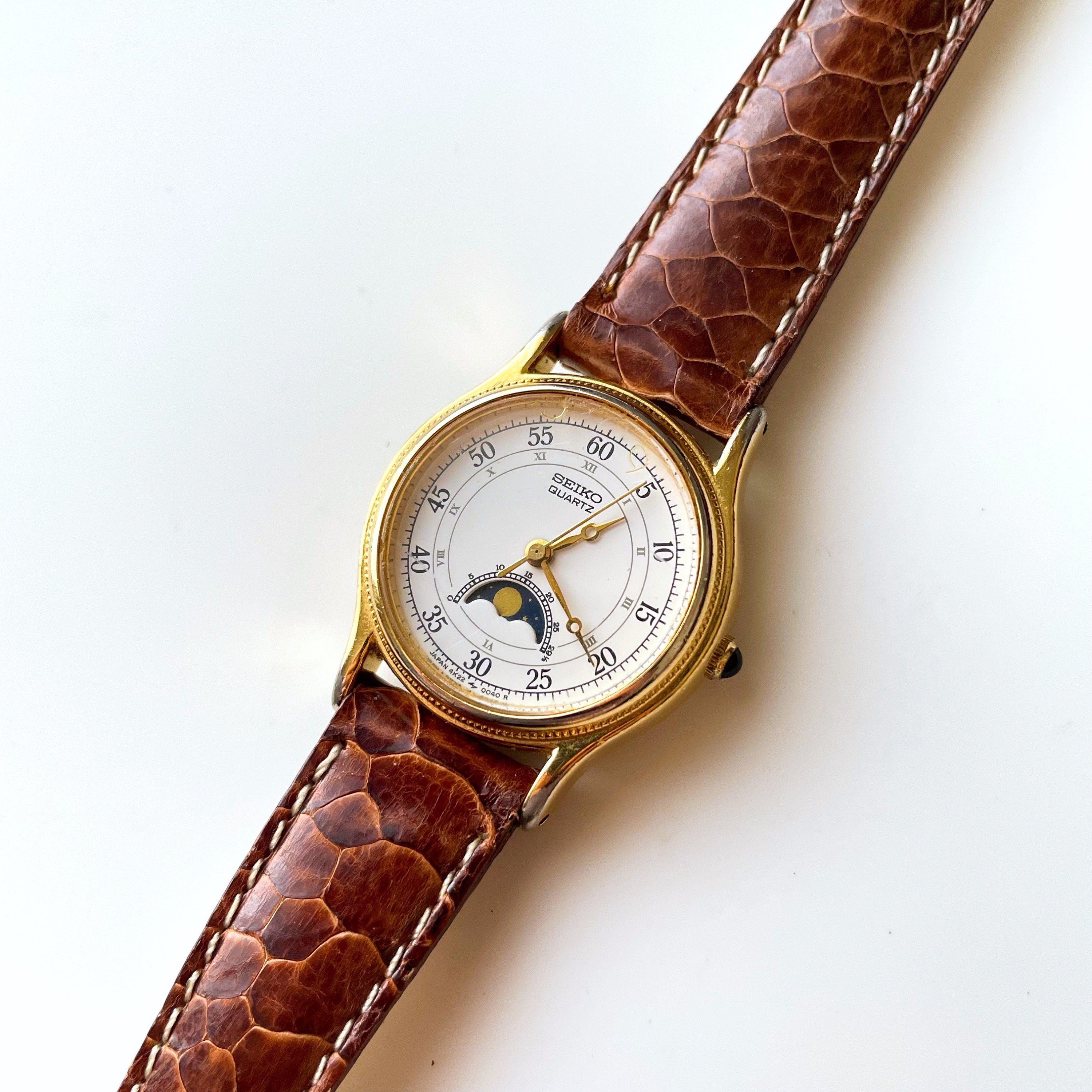Vintage 90s Moon Phase Seiko Quartz Watch with Brown Leather Strap