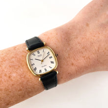 Load image into Gallery viewer, Very Thin 1980s Gold-Plated Ladies' Seiko Exceline Watch with Black Leather Strap