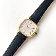 Load image into Gallery viewer, Very Thin 1980s Gold-Plated Ladies' Seiko Exceline Watch with Black Leather Strap