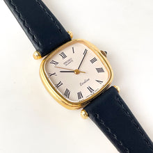 Load image into Gallery viewer, Very Thin 1980s Gold-Plated Ladies' Seiko Exceline Watch with Black Leather Strap