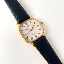 Load image into Gallery viewer, Very Thin 1980s Gold-Plated Ladies' Seiko Exceline Watch with Black Leather Strap
