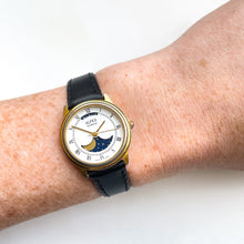 Load image into Gallery viewer, Vintage Ladies Alfex Moon Phase Watch with Black Leather Strap