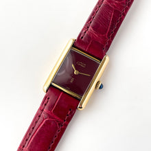 Load image into Gallery viewer, Vintage 1982 Cartier Tank Must Vermeil - Mechanical Movement - Gold-Plated Silver 925 with Burgundy Dial and Leather Strap