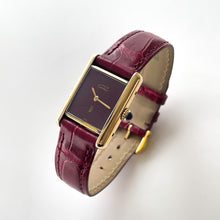 Load image into Gallery viewer, Vintage 1982 Cartier Tank Must Vermeil - Mechanical Movement - Gold-Plated Silver 925 with Burgundy Dial and Leather Strap