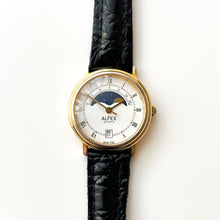 Load image into Gallery viewer, Vintage Ladies Alfex Moon Phase Quartz Watch with Black Leather Strap