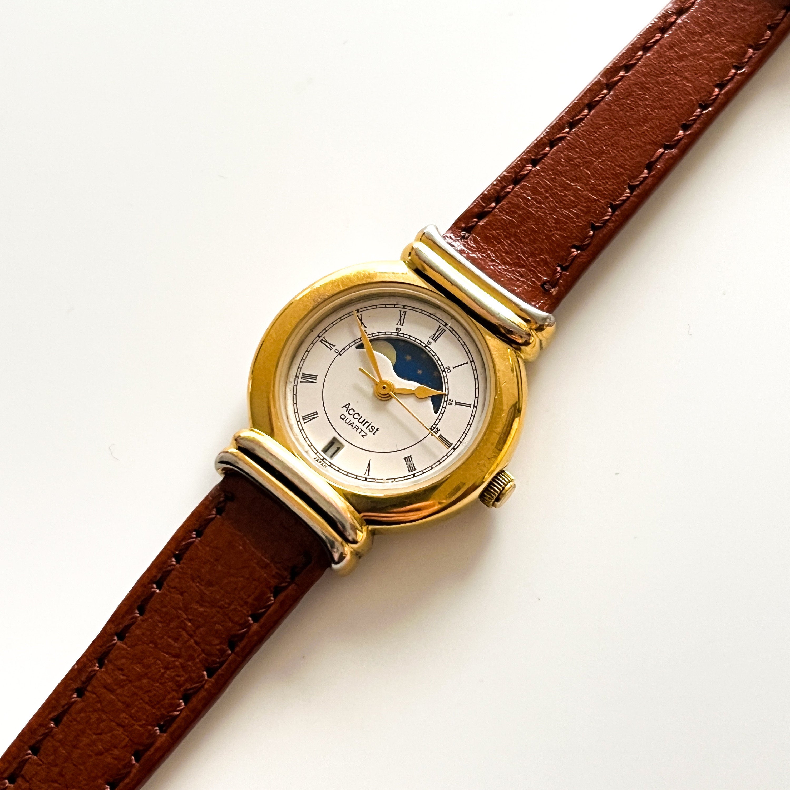 Vintage Ladies Accurist Moon Phase Quartz Watch with Brown Leather Strap