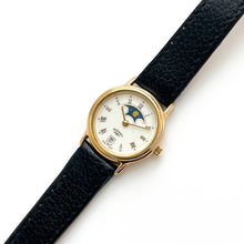 Load image into Gallery viewer, Ladies' 90s Moon Phase Rotary Quartz Watch with Black Leather Strap