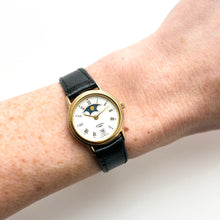 Load image into Gallery viewer, Ladies' 90s Moon Phase Rotary Quartz Watch with Black Leather Strap