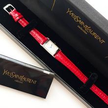 Load image into Gallery viewer, Vintage 90s Yves Saint Laurent Tank-Style Ladies' Quartz Watch with Red Leather Strap - Boxed