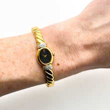 Load image into Gallery viewer, Rare 1990s Gold-Plated Lassale (Seiko) Articulated Bangle Quartz Watch with Black Dial and Diamond-Set Bezel