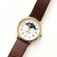 Load image into Gallery viewer, Vintage Europa Sun & Moon Phase Quartz Watch with Brown Leather strap