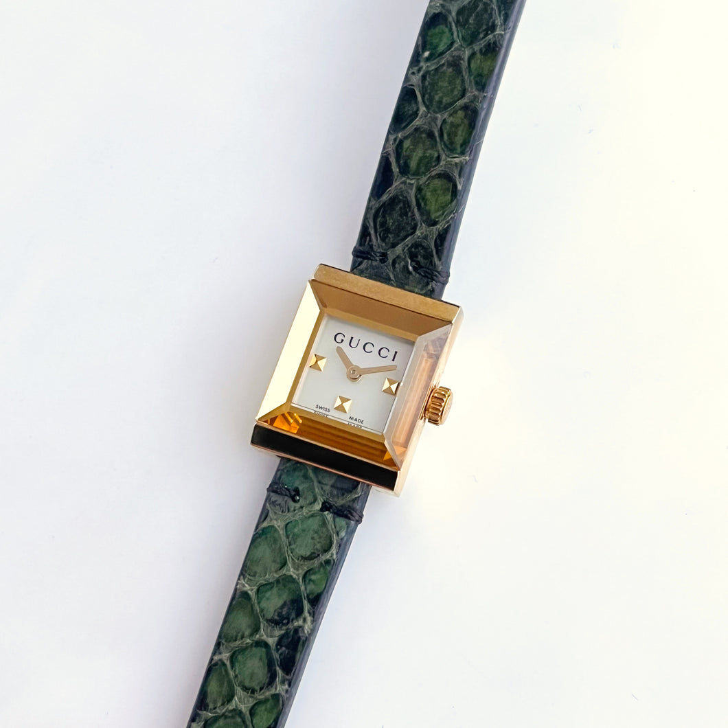 Boxed Gucci G Frame Watch with Square Mother of Pearl Dial and Double