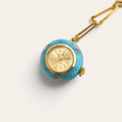 Vintage Bucherer Mechanical Ball Watch Pendant 800 Silver Blue Enamel