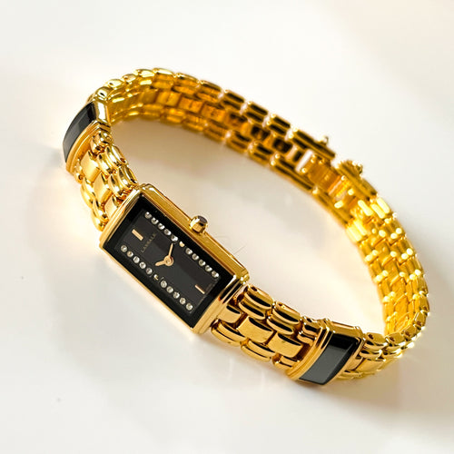 Very Rare 1990s Gold-Plated Lassale (Seiko) Quartz Watch with Black Diamond-Set Dial