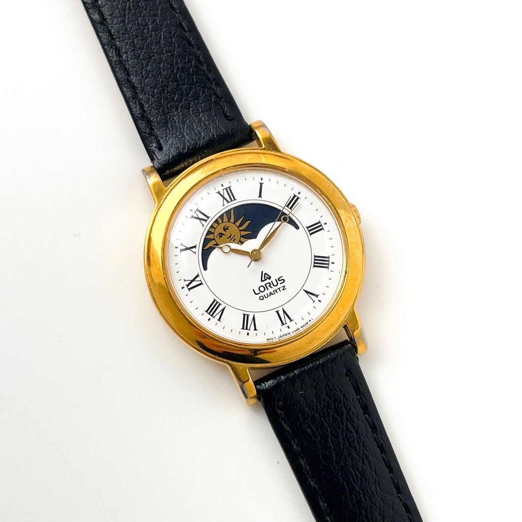 Vintage Unisex Lorus (by Seiko) Sun & Moon Phase Quartz Watch with Black Leather Strap