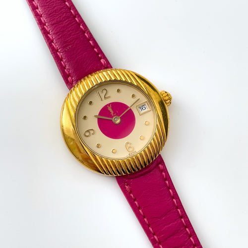 Vintage 90s Gold-Plated Yves Saint Laurent Ladies' Quartz Watch with Pink Leather Strap - Boxed