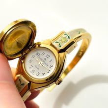 Load image into Gallery viewer, Vintage Andr√© Mouche Quartz Watch with Enamel Floral Design, Concealead Dial and Gold-Plated Bangle Bracelet
