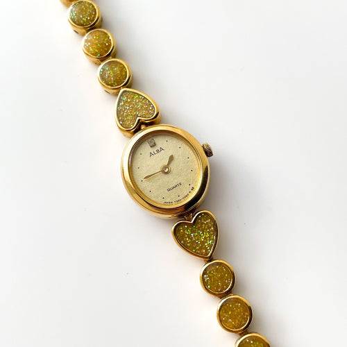 Vintage 1990s Gold-Tone Ladies' Seiko Alba Quartz Watch With Heart Pattern