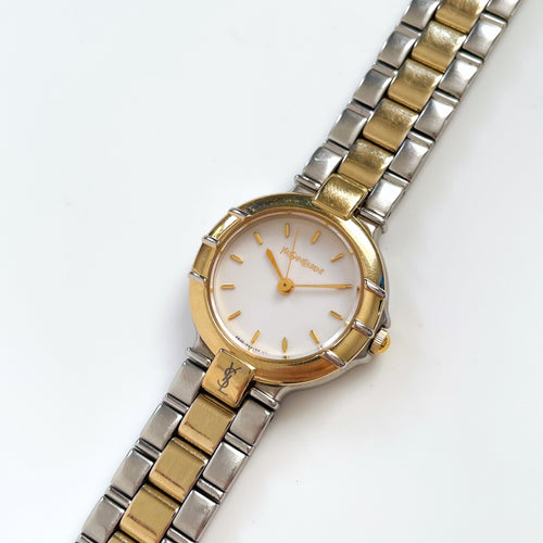 Vintage 90s Yves Saint Laurent Ladies' Quartz Watch with Two-Tone Bracelet and White Dial