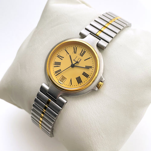 Vintage Two-Tone Dunhill Unisex Quartz Watch with Gold Dial and Date Window
