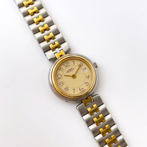 Vintage Two-Tone Hermès Profile Ladies' Quartz Watch with Round Beige Dial