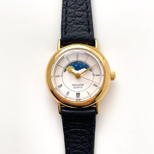 Vintage Ladies' Accurist Moon Phase Quartz Watch with Black Leather Strap