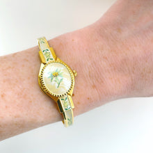 Load image into Gallery viewer, Vintage Andr√© Mouche Quartz Watch with Enamel Floral Design, Concealead Dial and Gold-Plated Bangle Bracelet
