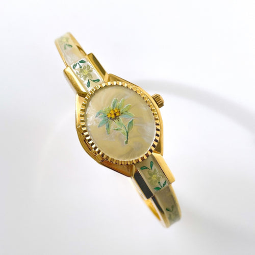 Vintage André Mouche Quartz Watch with Enamel Floral Design, Concealead Dial and Gold-Plated Bangle Bracelet
