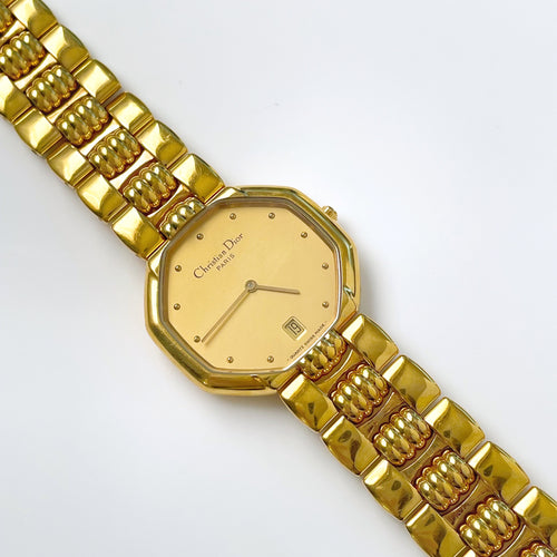 Vintage Gold-Plated Christian Dior Unisex Quartz Watch with Octagon Dial