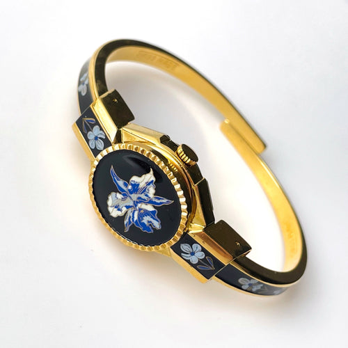 Vintage André Mouche Quartz Watch with Black Enamel Floral Design, Concealead Dial and Gold-Plated Bangle Bracelet