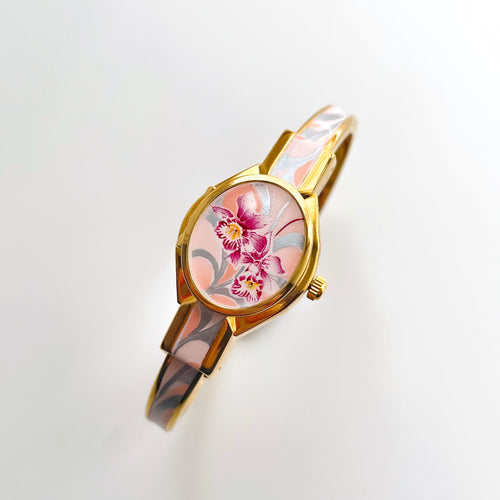 Vintage Andr√© Mouche Quartz Watch with White & Pink Enamel Floral Design, Concealead Dial and Gold-Plated Bangle Bracelet