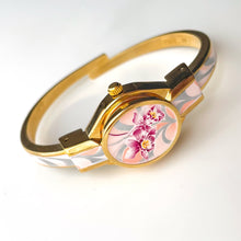 Load image into Gallery viewer, Vintage Andr√© Mouche Quartz Watch with White &amp; Pink Enamel Floral Design, Concealead Dial and Gold-Plated Bangle Bracelet
