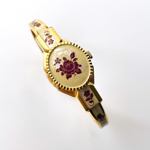 Vintage André Mouche Quartz Watch with Navy Enamel Floral Design, Concealead Dial and Gold-Plated Bangle Bracelet