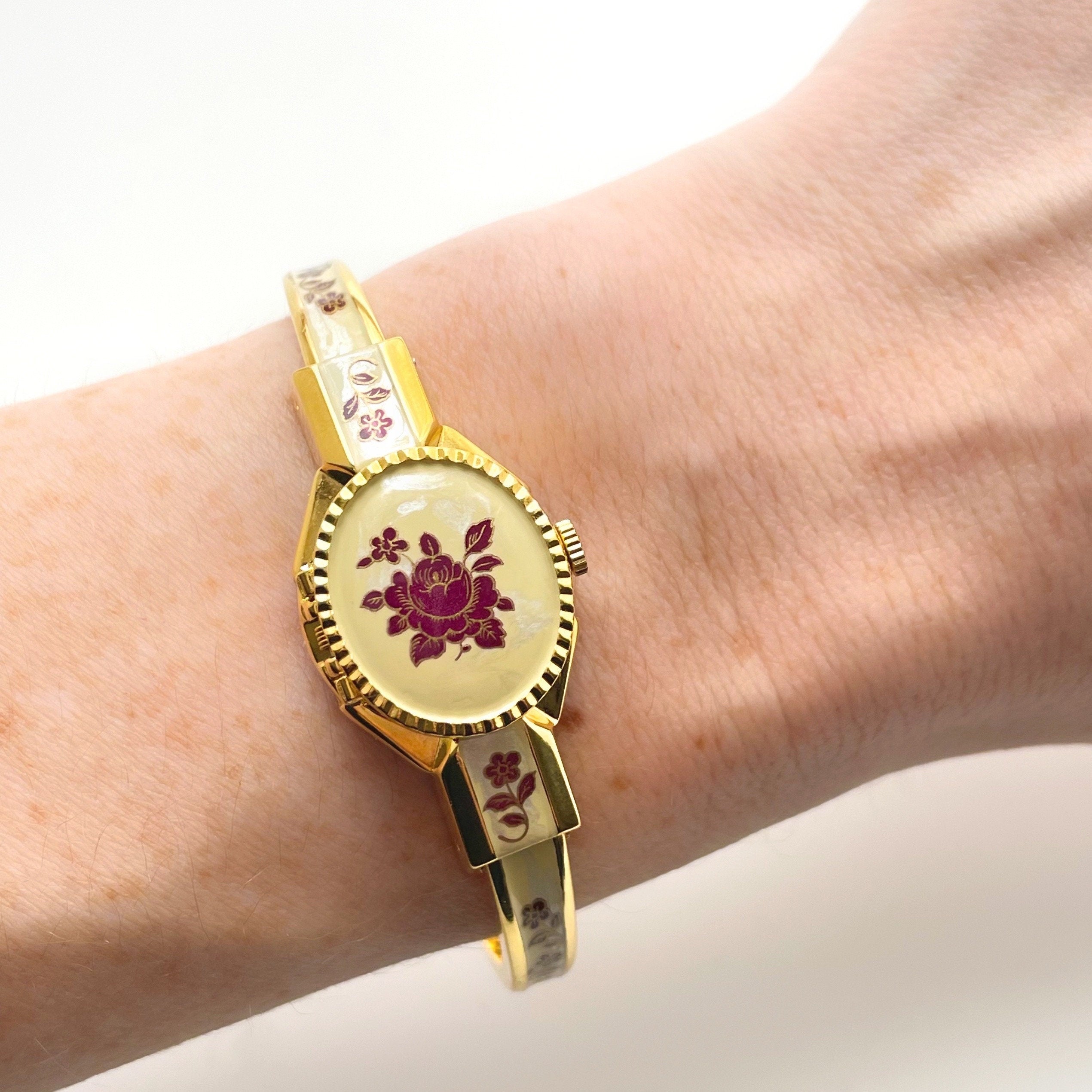 Vintage André Mouche Quartz Watch - Burgundy Floral Design