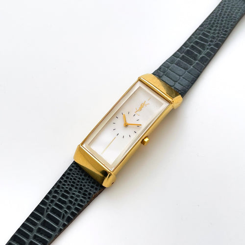 Vintage 90s Yves Saint Laurent Ladies' Quartz Watch with Gray Leather Strap and White Dial