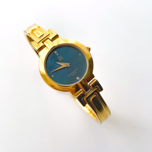 Vintage 1990s Gold-Plated Ladies' Givenchy Bangle Watch with Blue Dial and Quartz Movement