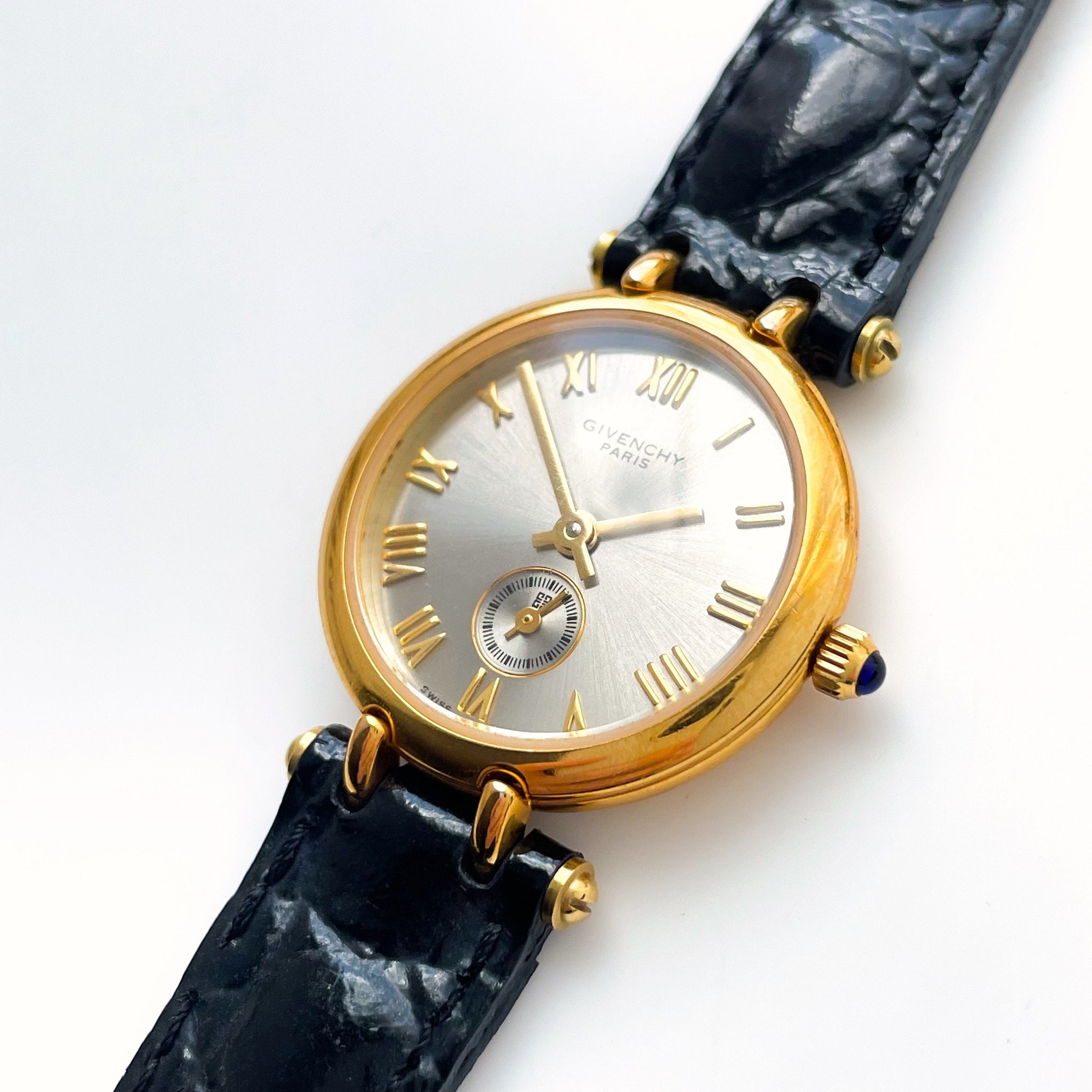 正規品 GIVENCHY 腕時計 黒レザー 金色 Vintage 1990s Gold-Plated Ladies' Givenchy 'Griffe' Quartz Watch