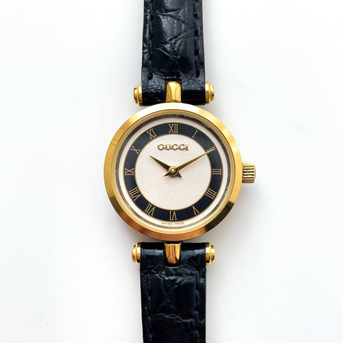 80s Ladies' Gucci Quartz Watch with Beige and Black Dial and Leather Strap - Boxed