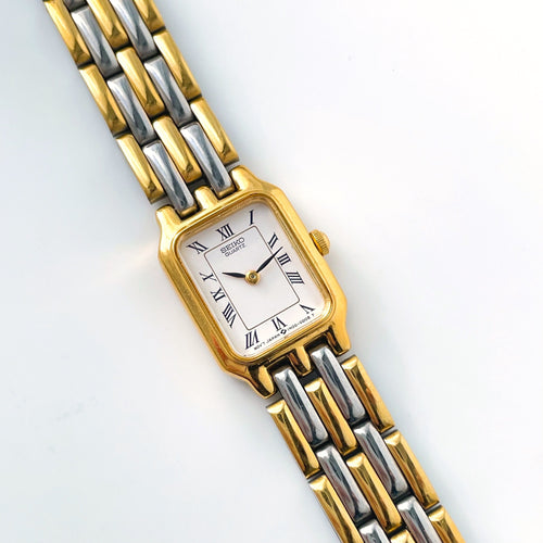 Vintage 1990s Two-Tone Ladies' Seiko Quartz Watch With Tank-Like Dial and Roman Numerals
