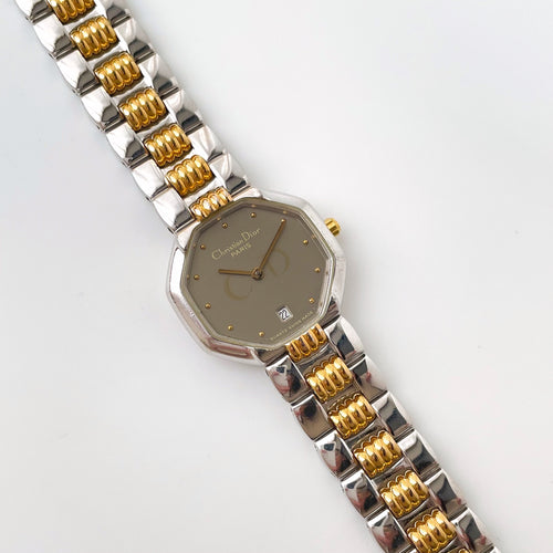 Vintage Two-Tone Christian Dior Ladies' Quartz Watch with Grey Octagon Dial