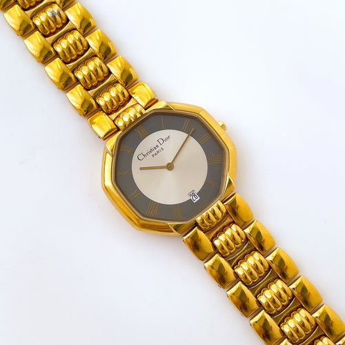 Vintage Gold-Plated Christian Dior Unisex Quartz Watch with Octagon Dial
