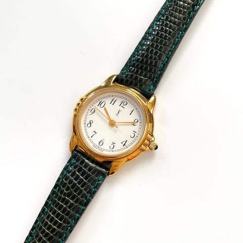 Vintage Yves Saint Laurent Gold-Plated Ladies' Quartz Watch with Dark Green Leather Strap