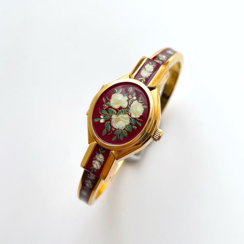 Vintage Andr√© Mouche Quartz Watch with Burgundy Enamel Floral Design, Concealead Dial and Gold-Plated Bangle Bracelet