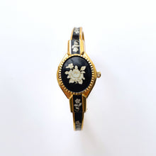 Load image into Gallery viewer, Vintage Andre Mouche Quartz Watch with Black Enamel Floral Design
