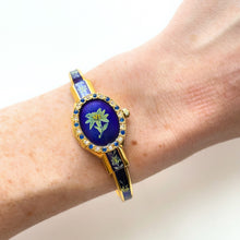 Load image into Gallery viewer, Vintage Andr√© Mouche Crystal-Set Quartz Watch with Green and Navy Enamel Floral Design, Concealead Dial and Gold-Plated Bangle Bracelet

