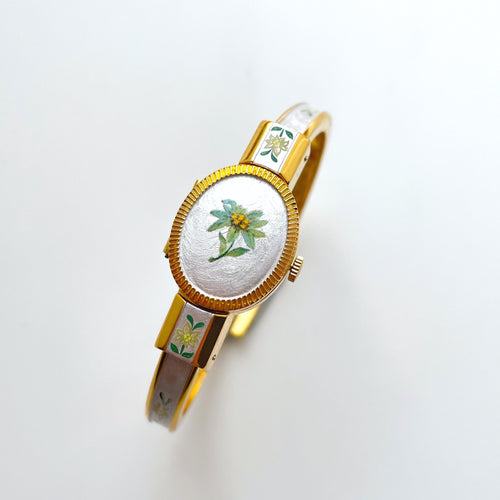 Vintage Andr√© Mouche Quartz Watch with Enamel Floral Design, Concealead Dial and Gold-Plated Bangle Bracelet