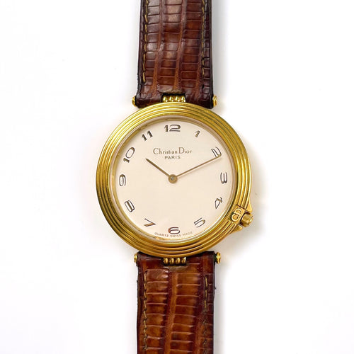 Vintage Christian Dior Gold-Plated Unisex Quartz Watch with Brown Leather Strap